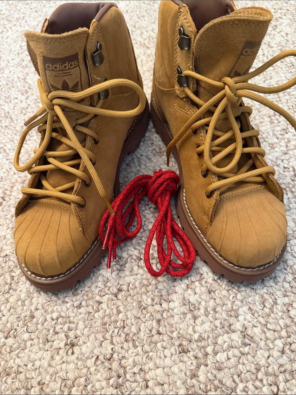 adidas superstar original Brown/Tan Suede Lace-Up Boots with Red Spare Laces
